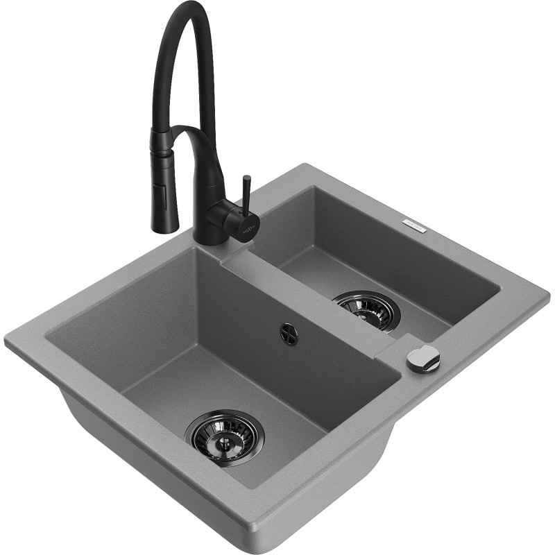 Mexen Carlos granitische spoelbak 1,5-komoren met keukenmengkraan Aster, grijs - 6518-71-73450-70-B