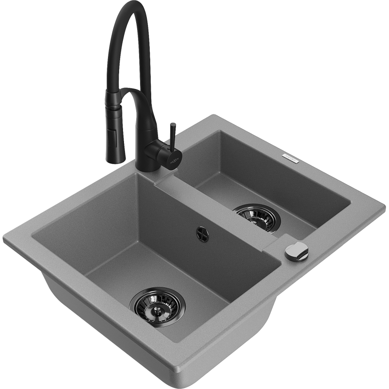 Mexen Carlos lavello in granito 1,5 vasche con rubinetto da cucina Aster, grigio - 6518-71-73450-70-B
