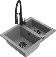 Mexen Carlos granite sink 1.5-bowl with Aster kitchen tap, grey - 6518-71-73450-70-B