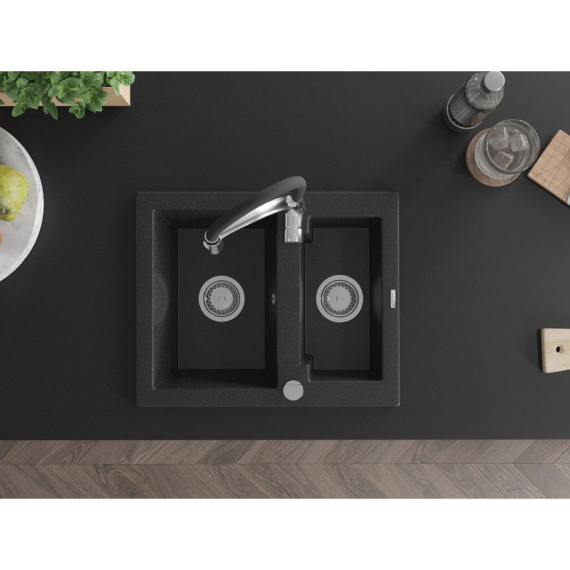 Mexen Carlos 1.5-bowl granite sink with Aster kitchen tap, black/silver metallic - 6518-73-73450-07