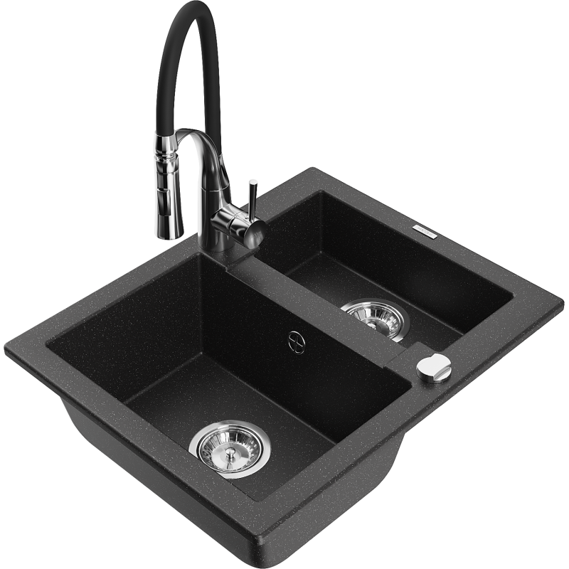 Mexen Carlos lava-loiça em granito de 1,5 cubas com torneira de cozinha Aster, preto/metálico prateado - 6518-73-73450-07