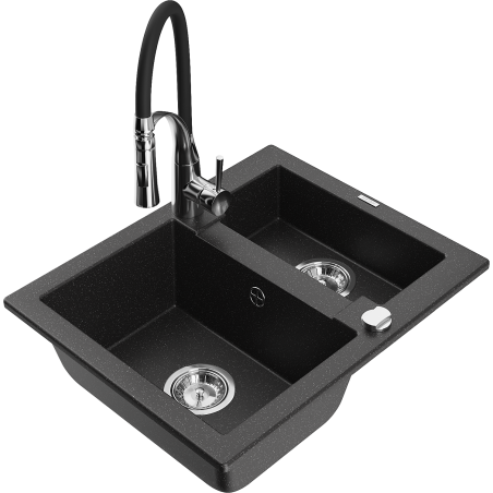Mexen Carlos granit gootsteen 1,5-kamer met keukenmengkraan Aster, zwart/zilver metallic - 6518-73-73450-07