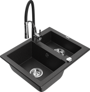 Mexen Carlos 1.5-bowl granite sink with Aster kitchen tap, black/silver metallic - 6518-73-73450-07