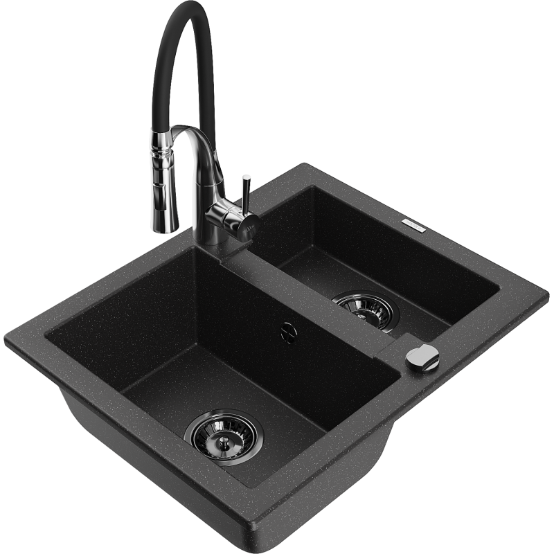 Mexen Carlos fregadero de granito de 1,5 senos con grifo de cocina Aster, negro/metalizado plateado - 6518-73-73450-07-B