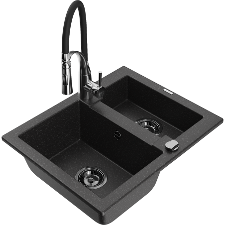 Mexen Carlos fregadero de granito de 1,5 senos con grifo de cocina Aster, negro/metalizado plateado - 6518-73-73450-07-B