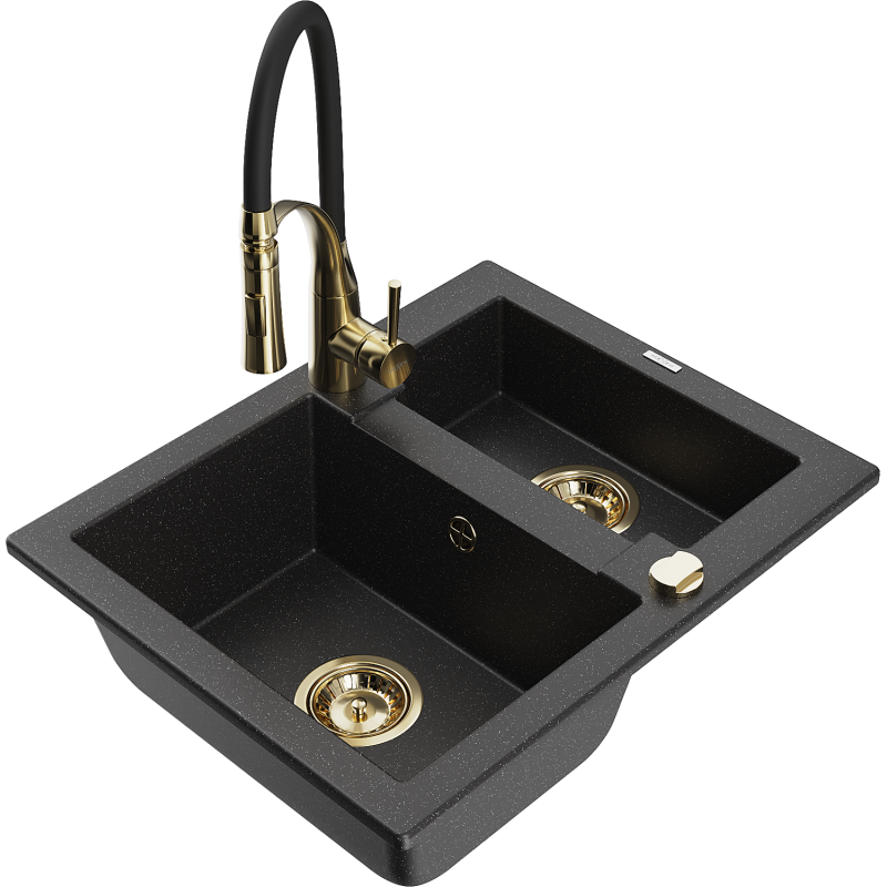 Mexen Carlos fregadero de granito 1,5 cubetas con grifo de cocina Aster, negro/metálico plateado - 6518-73-73450-57-G