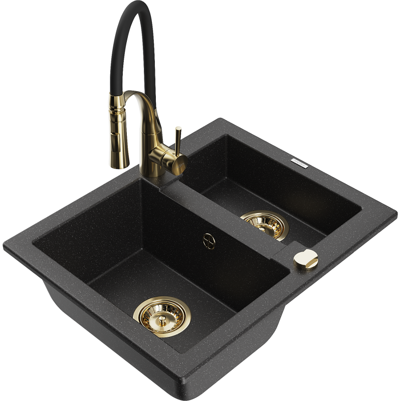 Mexen Carlos granitdiskbänk 1,5-fack med köksblandare Aster, svart/silvermetallic - 6518-73-73450-57-G