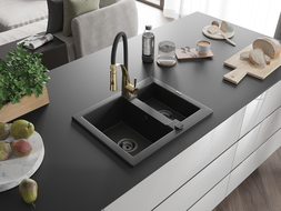 Mexen Carlos évier en granit 1,5 cuves avec robinet de cuisine Aster, noir/métallisé argent - 6518-73-73450-57-B