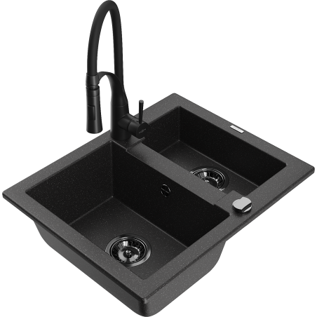 Mexen Carlos granieten gootsteen 1,5-kamer met keukenkraan Aster, zwart/zilveren metallic - 6518-73-73450-70-B