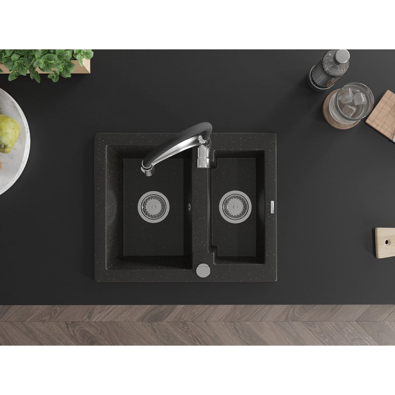 Mexen Carlos évier de cuisine en granit 1,5 bac avec robinet de cuisine Aster, noir/doré métallisé - 6518-75-73450-07
