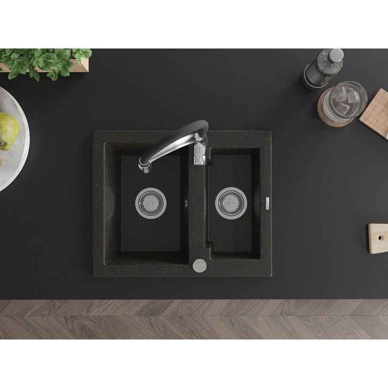 Mexen Carlos granieten spoelbak 1,5-komorige met keukenkraan Aster, zwart/goud metallic - 6518-75-73450-07