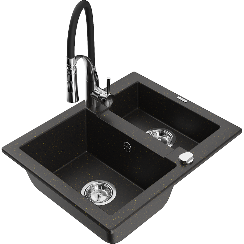 Mexen Carlos fregadero de granito de 1,5 senos con grifo de cocina Aster, negro/dorado metálico - 6518-75-73450-07