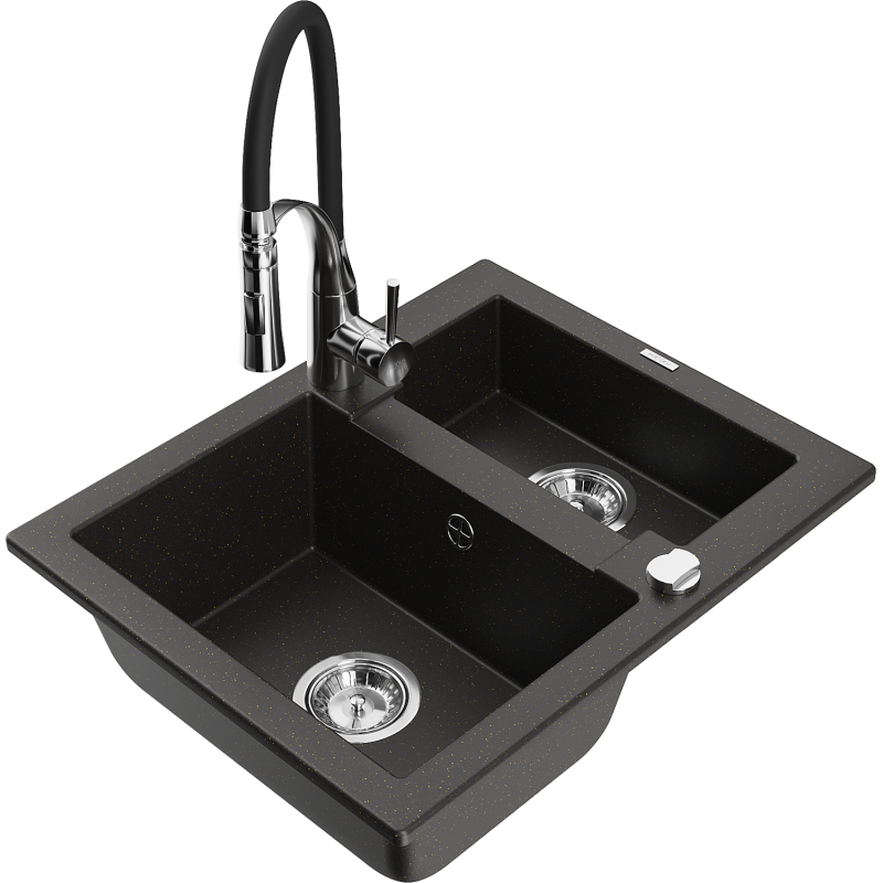Mexen Carlos granieten spoelbak 1,5-komorige met keukenkraan Aster, zwart/goud metallic - 6518-75-73450-07