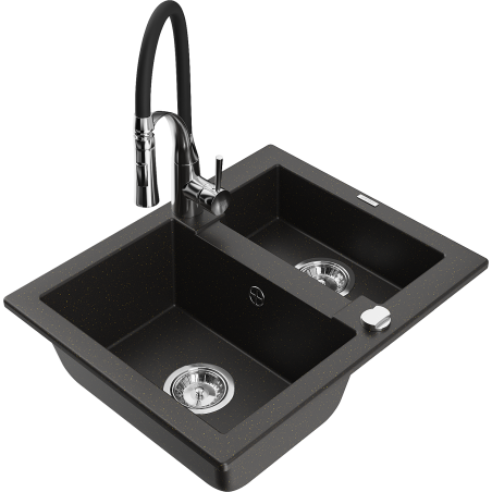 Mexen Carlos 1.5-bowl Granite Sink with Aster Kitchen Faucet, Black/Gold Metallic - 6518-75-73450-07