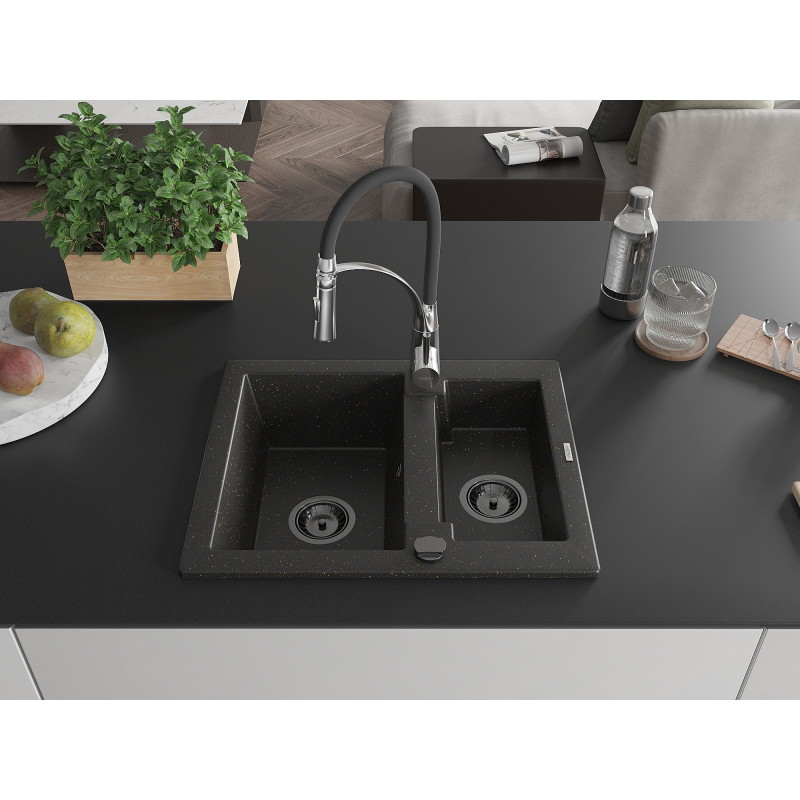 Mexen Carlos granitenspoelbak met 1,5 kamer met keukenkraan Aster, zwart/goud metallic - 6518-75-73450-07-B