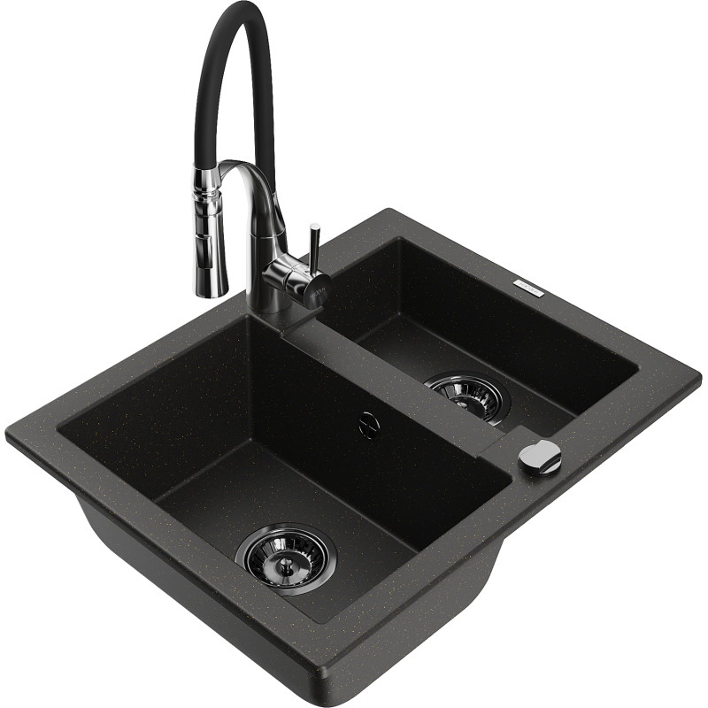 Mexen Carlos fregadero de granito de 1,5 compartimentos con grifo de cocina Aster, negro/dorado metálico - 6518-75-73450-07-B
