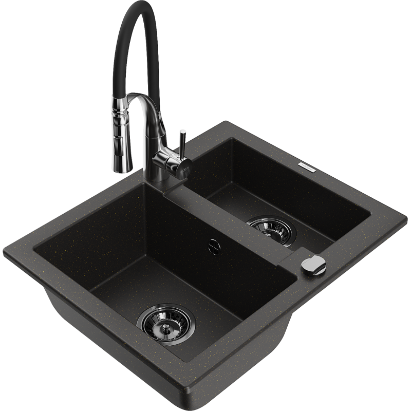 Mexen Carlos fregadero de granito de 1,5 senos con grifo de cocina Aster, negro/dorado metálico - 6518-75-73450-07-B