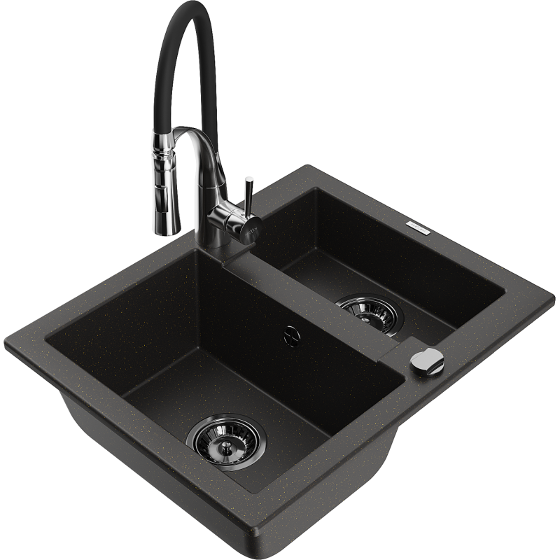Mexen Carlos granieten spoelbak 1,5-kamer met keukenkraan Aster, zwart/goud metallic - 6518-75-73450-07-B
