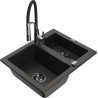 Mexen Carlos 1.5-bowl granite sink with Aster kitchen tap, black/gold metallic - 6518-75-73450-07-B