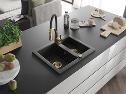 Mexen Carlos 1.5-bowl Granite Sink with Aster Kitchen Tap, Black/Gold Metallic - 6518-75-73450-57-G