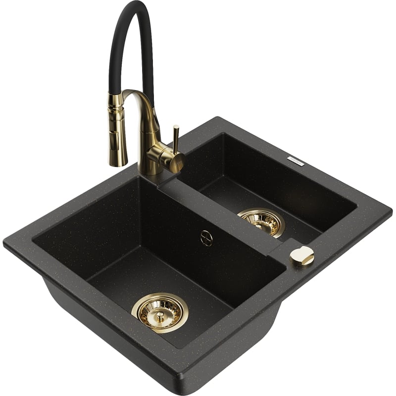 Mexen Carlos 1,5-Kammer-Granispüle mit Küchenarmatur Aster, schwarz/gold metallic - 6518-75-73450-57-G