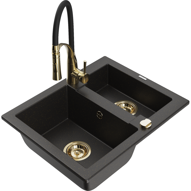 Mexen Carlos fregadero de granito 1,5 senos con grifo de cocina Aster, negro/oro metálico - 6518-75-73450-57-G