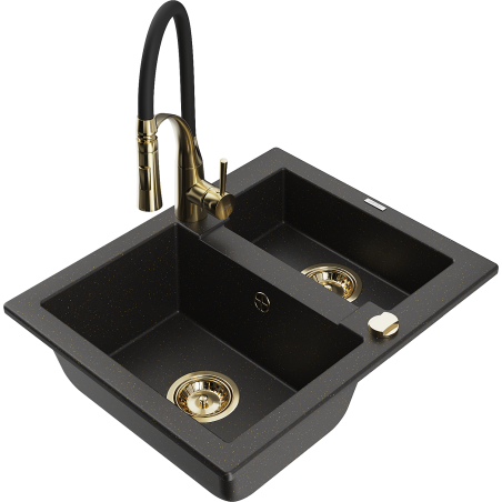 Mexen Carlos granit gootsteen 1,5-komorige met keukenmengkraan Aster, zwart/gouden metallic - 6518-75-73450-57-G
