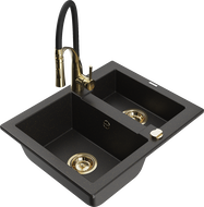 Mexen Carlos 1.5-bowl Granite Sink with Aster Kitchen Tap, Black/Gold Metallic - 6518-75-73450-57-G