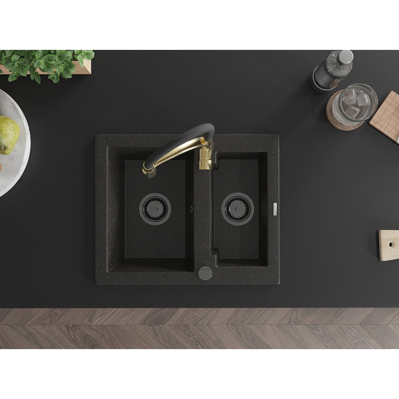 Mexen Carlos granitische spoelbak 1,5-komorige met keukenkraan Aster, zwart/gouden metallic - 6518-75-73450-57-B