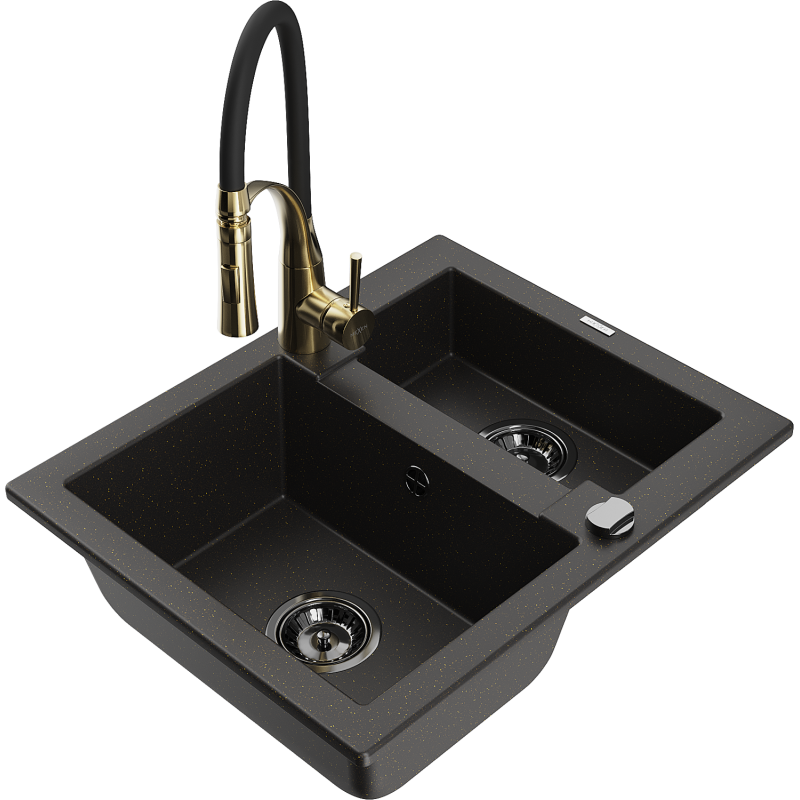 Mexen Carlos fregadero de granito 1,5 senos con grifo de cocina Aster, negro/oro metálico - 6518-75-73450-57-B