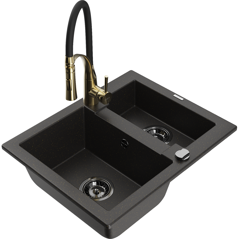Mexen Carlos lavello in granito 1,5 vasche con rubinetto da cucina Aster, nero/oro metallizzato - 6518-75-73450-57-B