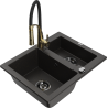Mexen Carlos granite sink 1.5-bowl with Aster kitchen tap, black/gold metallic - 6518-75-73450-57-B