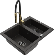 Mexen Carlos 1.5-bowl granite sink with Aster kitchen faucet, black/gold metallic - 6518-75-73450-57-B