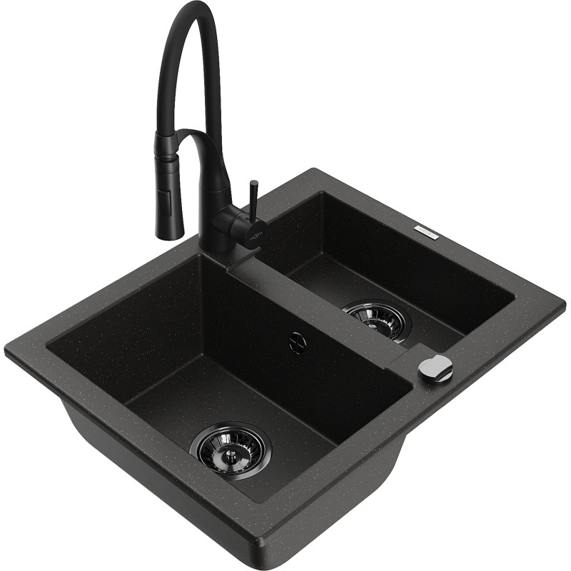 Mexen Carlos granieten 1,5-kommer spoelbak met keukenkraan Aster, zwart/goud metallic - 6518-75-73450-70-B