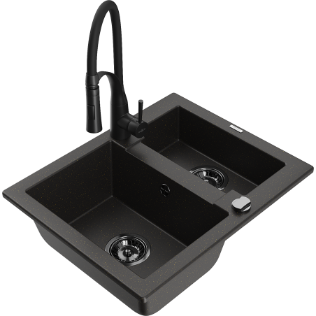 Mexen Carlos 1.5-bowl granite sink with Aster kitchen tap, black/gold metallic - 6518-75-73450-70-B
