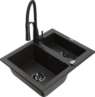 Mexen Carlos 1.5-bowl granite sink with Aster kitchen tap, black/gold metallic - 6518-75-73450-70-B