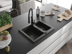 Mexen Carlos 1.5-bowl granite sink with Aster kitchen tap, black/gold metallic - 6518-75-73450-70-B