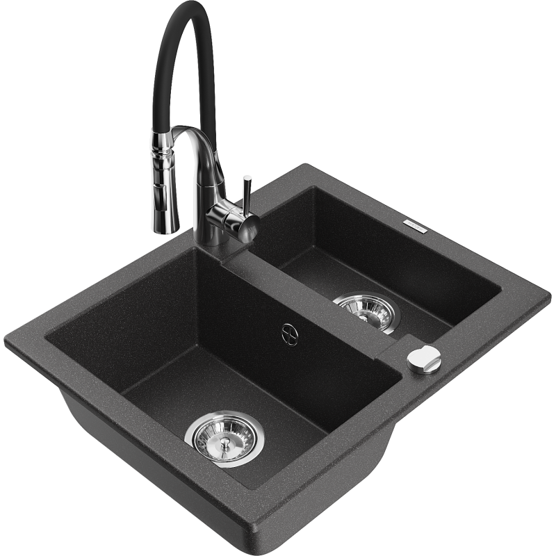 Mexen Carlos 1.5-bowl granite sink with Aster kitchen tap, black speckled - 6518-76-73450-07