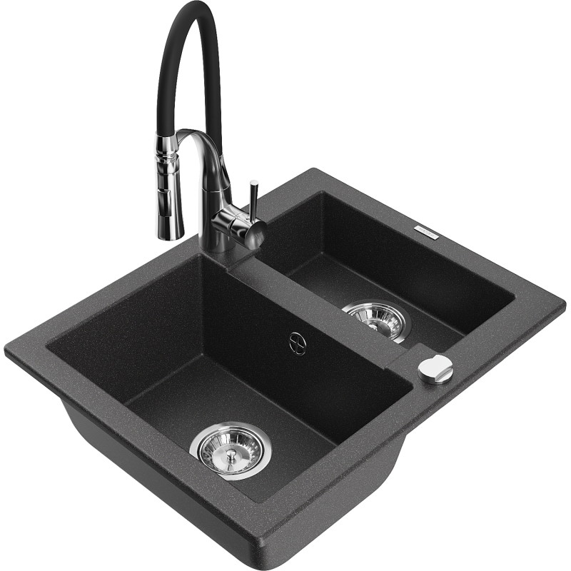 Mexen Carlos fregadero de granito de 1,5 cubetas con grifo de cocina Aster, negro moteado - 6518-76-73450-07
