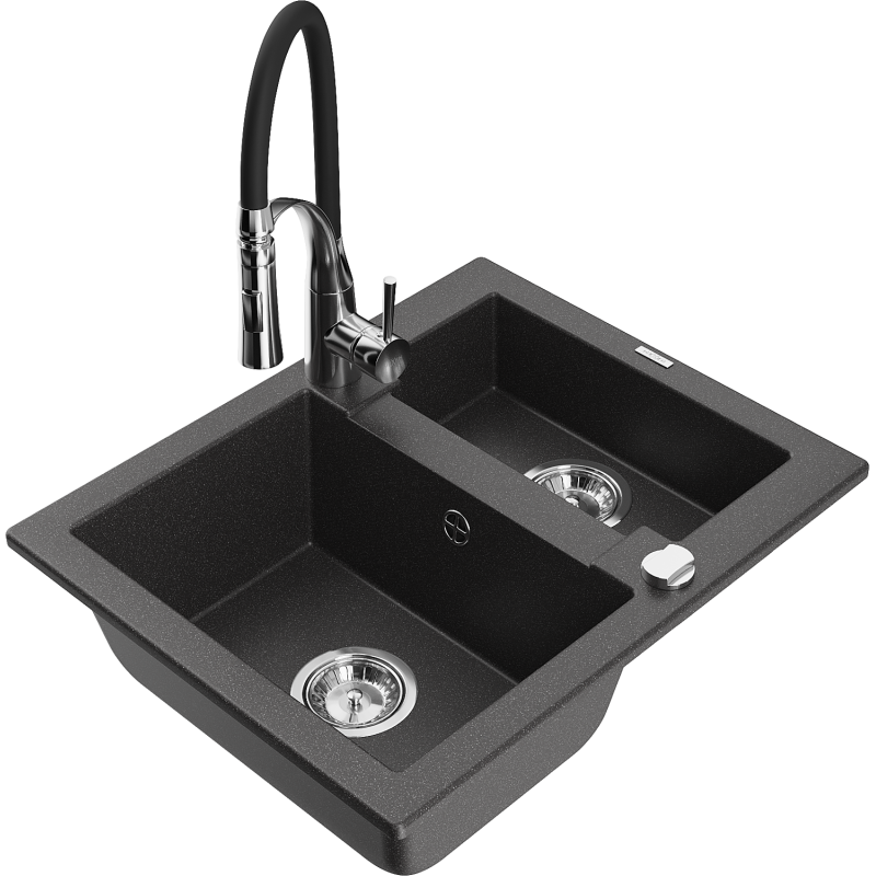 Mexen Carlos fregadero de granito de 1,5 senos con grifo de cocina Aster, negro moteado - 6518-76-73450-07
