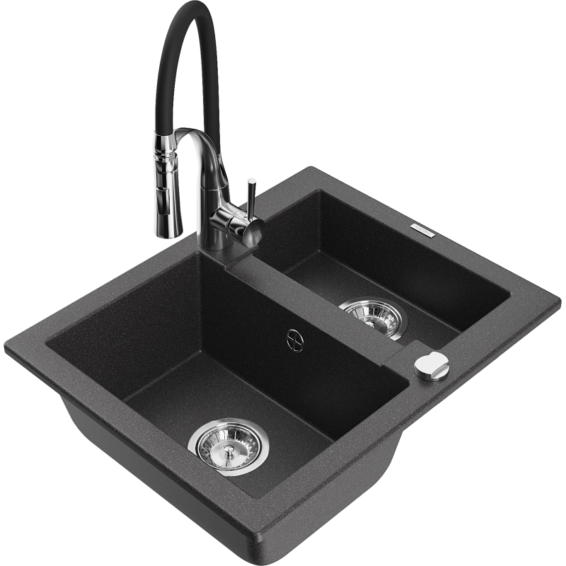Mexen Carlos lava-loiça em granito de 1,5 cubas com torneira de cozinha Aster, preto salpicado - 6518-76-73450-07
