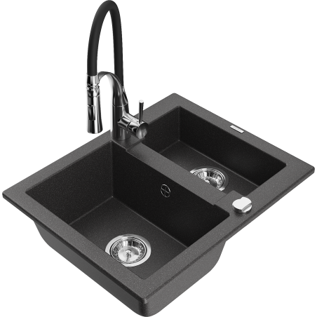 Mexen Carlos 1.5-bowl granite sink with Aster kitchen tap, black speckled - 6518-76-73450-07