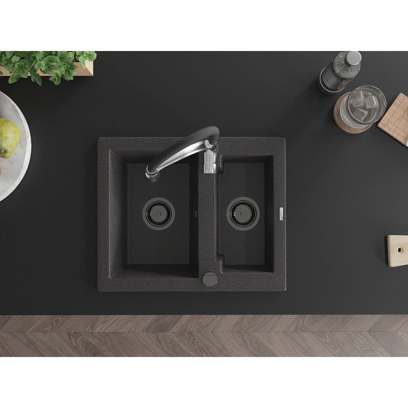 Mexen Carlos 1.5-bowl granite sink with Aster kitchen tap, speckled black - 6518-76-73450-07-B