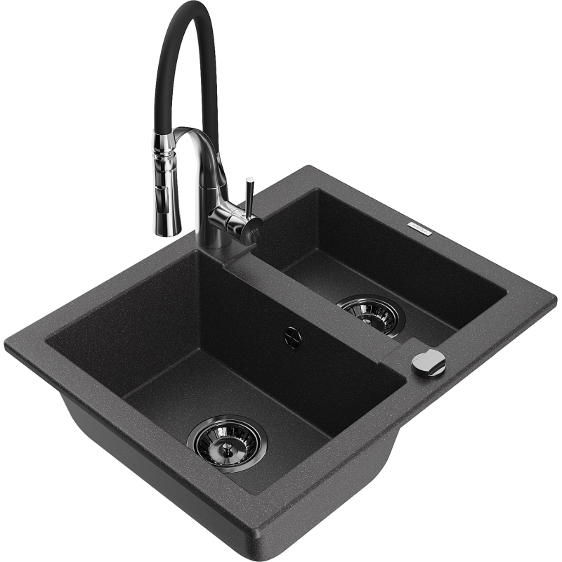 Mexen Carlos lava-loiça em granito de 1,5 bacias com torneira de cozinha Aster, preto salpicado - 6518-76-73450-07-B