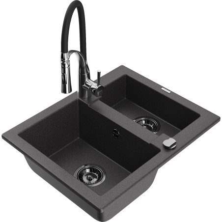 Mexen Carlos évier en granit 1,5 bac avec mitigeur de cuisine Aster, noir moucheté - 6518-76-73450-07-B