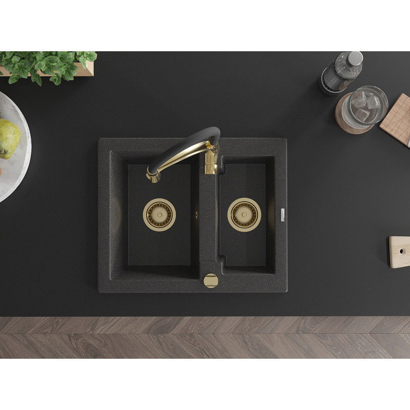 Mexen Carlos 1.5-bowl granite sink with Aster kitchen tap, speckled black - 6518-76-73450-57-G
