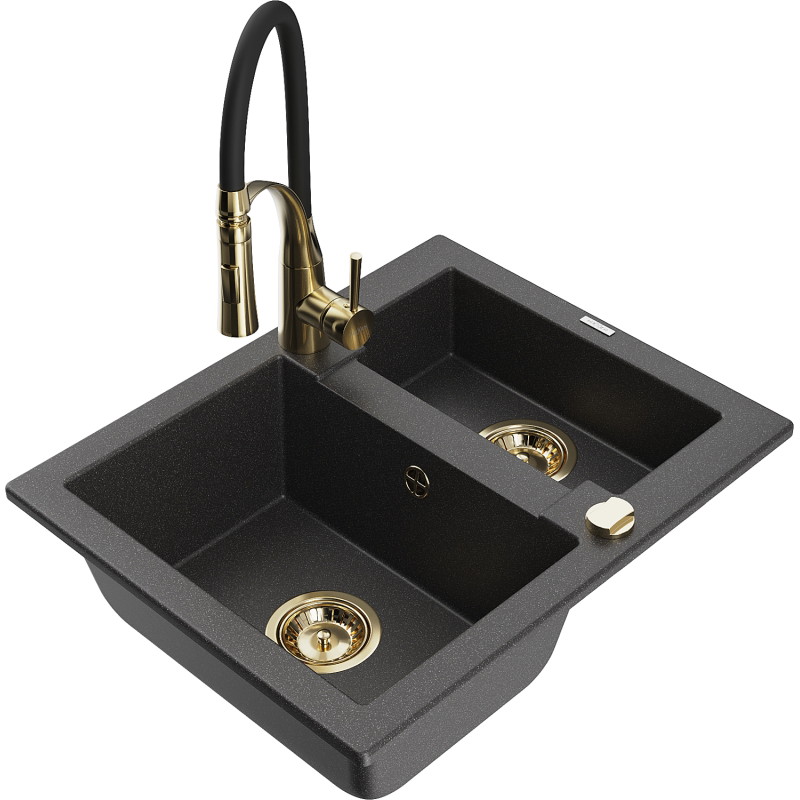 Mexen Carlos fregadero de granito 1,5-cuencas con grifo de cocina Aster, negro moteado - 6518-76-73450-57-G