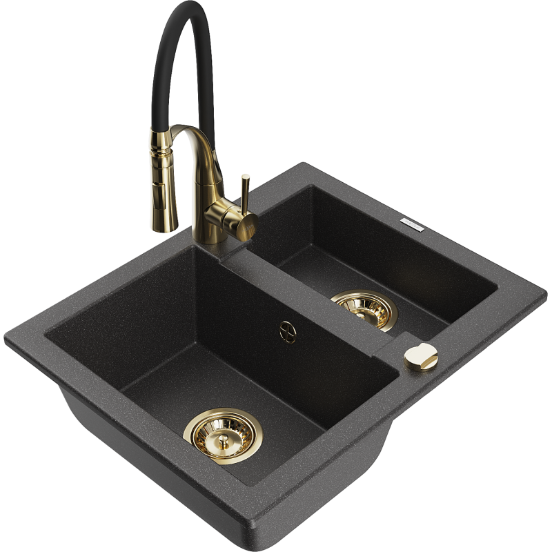 Mexen Carlos fregadero de granito 1,5 senos con grifo de cocina Aster, negro moteado - 6518-76-73450-57-G