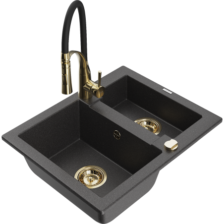 Mexen Carlos 1.5-bowl granite sink with Aster kitchen tap, speckled black - 6518-76-73450-57-G