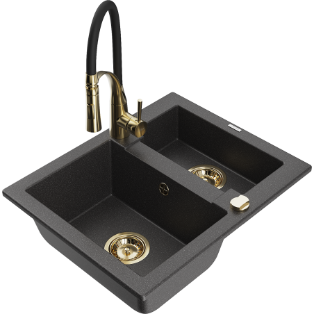 Mexen Carlos lavello in granito 1,5 vasche con rubinetto da cucina Aster, nero puntinato - 6518-76-73450-57-G